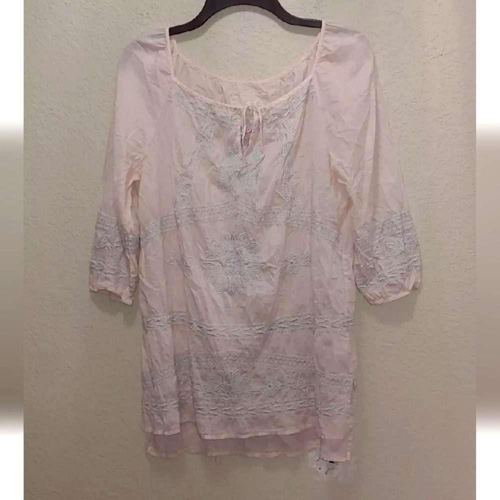 XS 3J Workshop by Johnny Was Pink Embroidered Boho Peasant Top